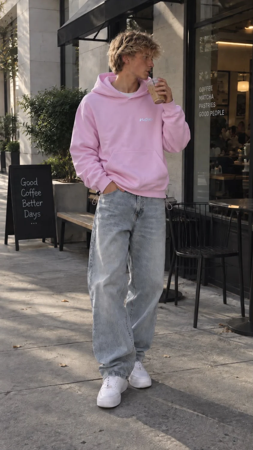 Różowa bluza na modelu przed kawiarnią